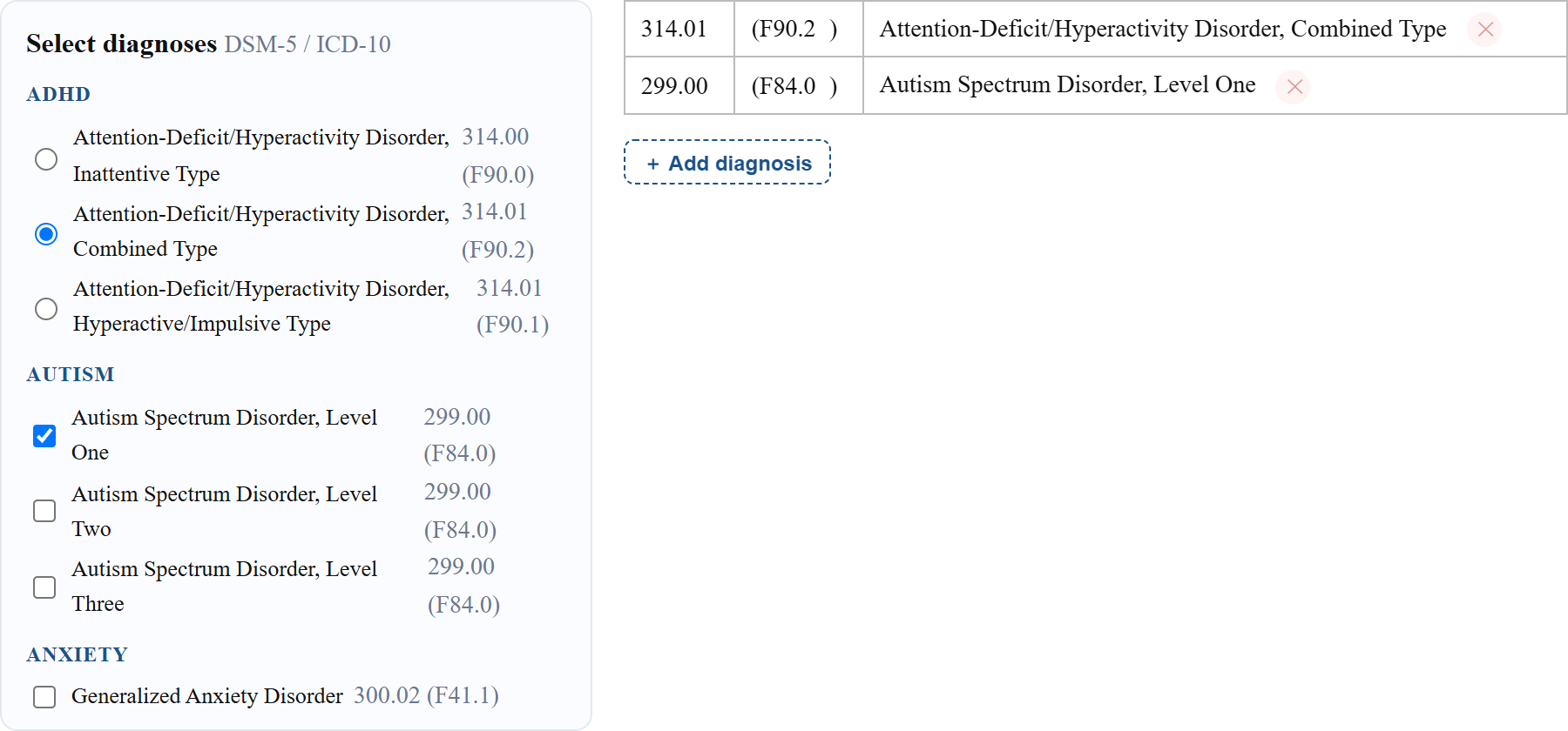 Diagnoses picker beside the diagnosis table
