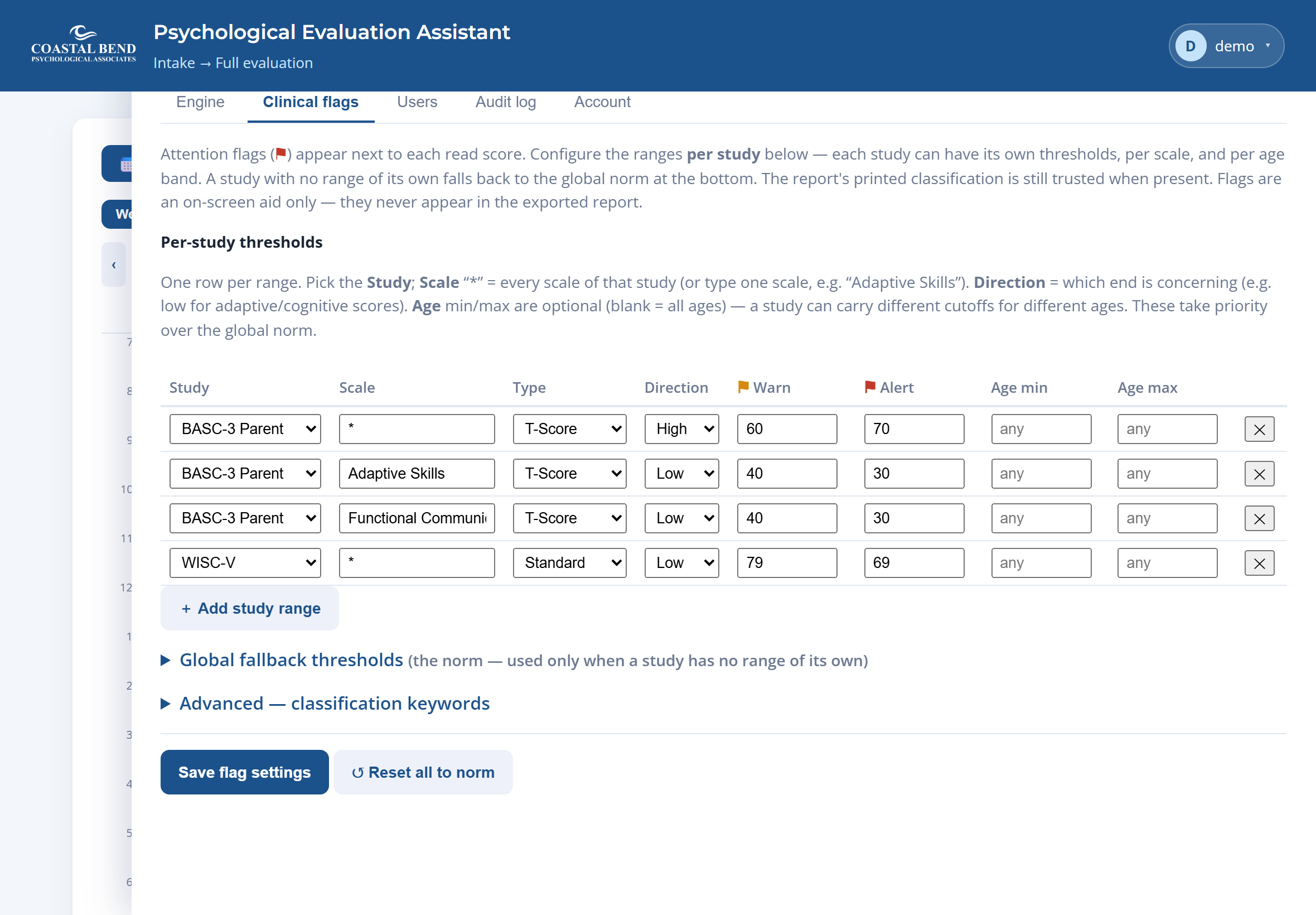 Clinical flags settings