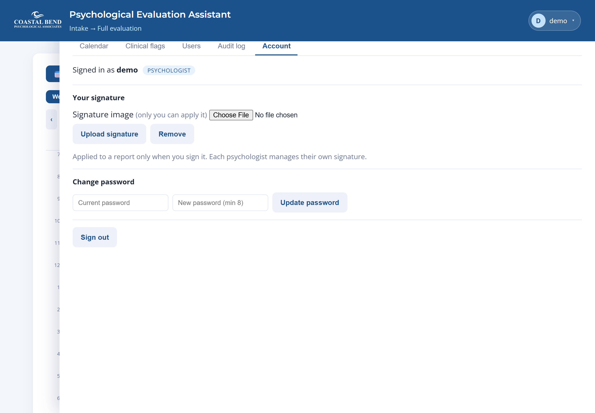 Account settings with signature upload