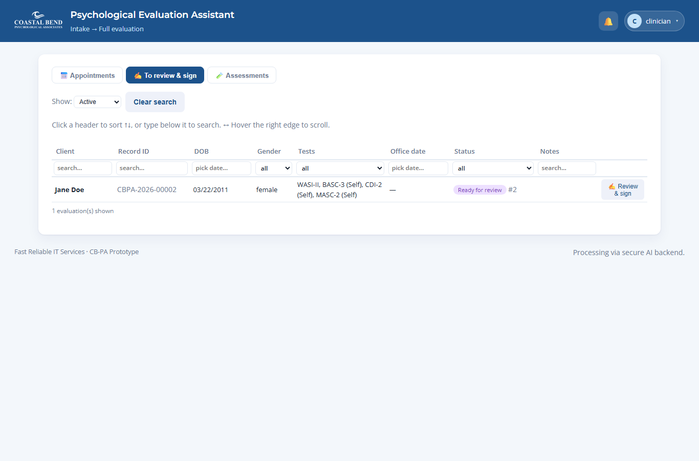 Clinician dashboard — To review and sign queue