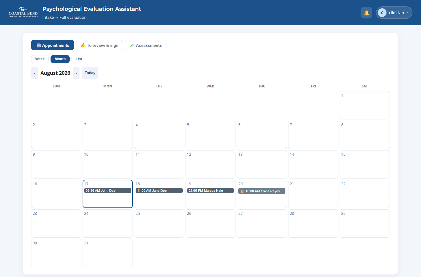 Clinician appointments calendar (Month view)